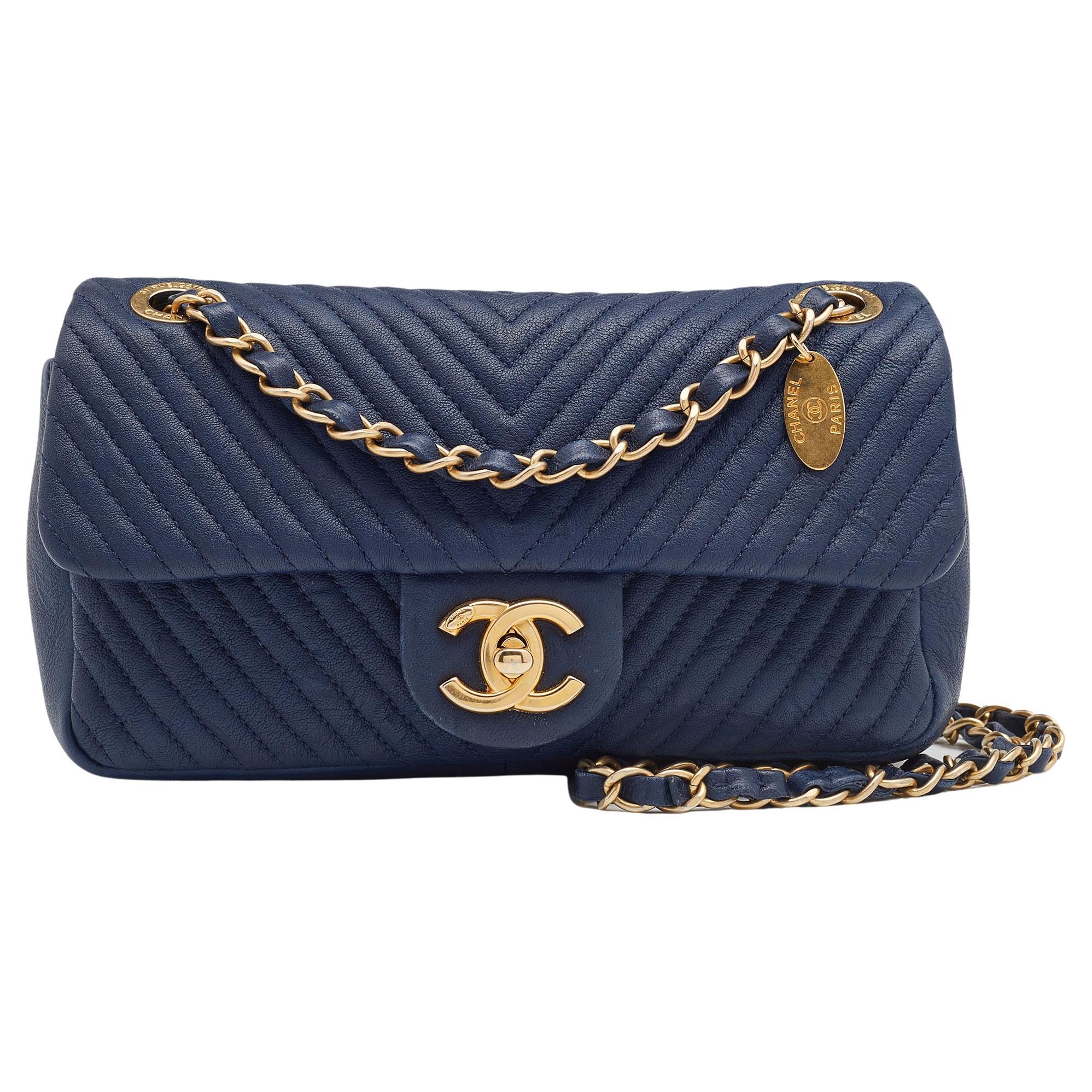 Chanel Navy Blue Chevron Leather Small Medallion Charm Flap Bag