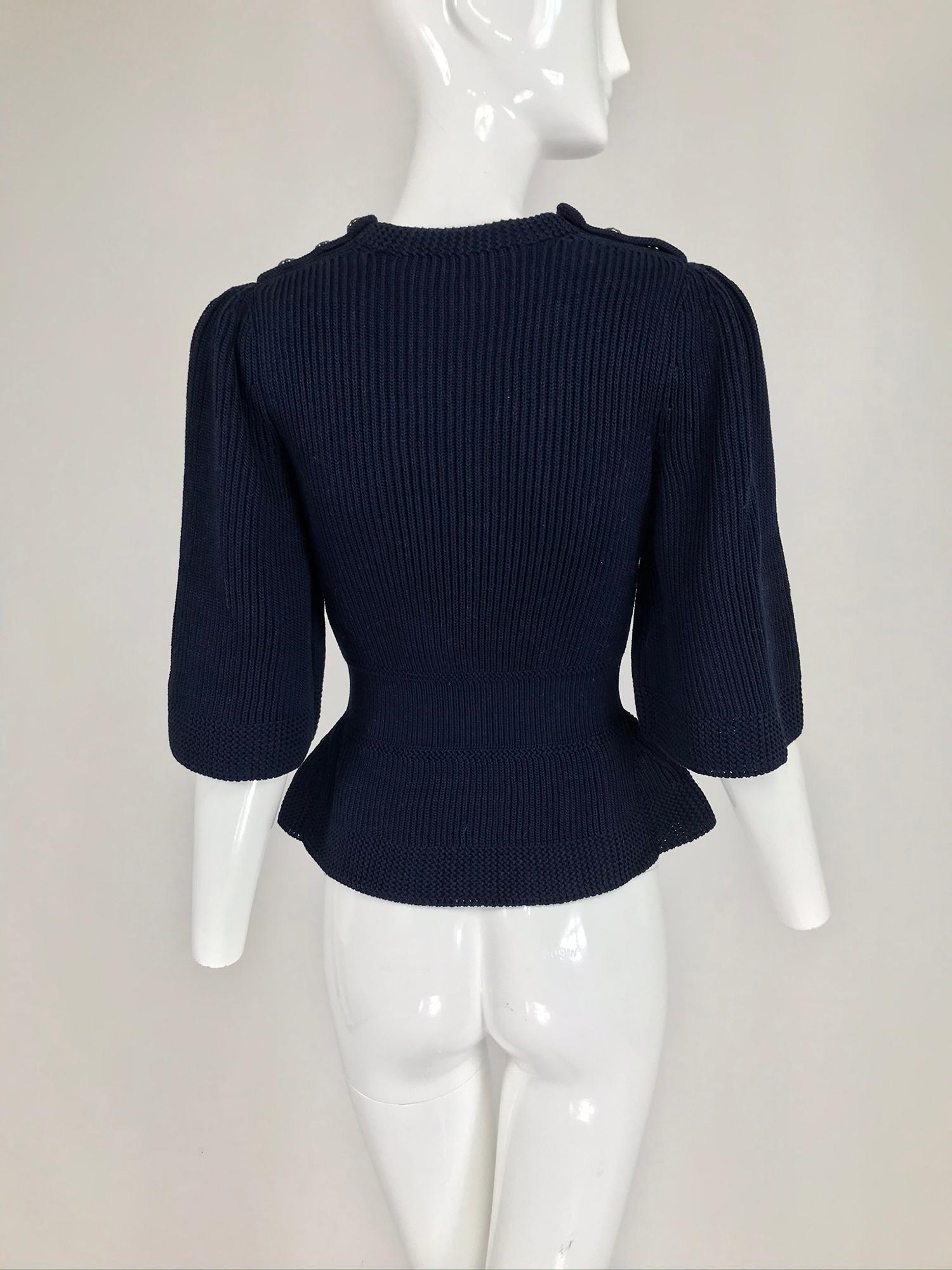 Black Chanel Navy Blue Chunky Knit Fitted Waist Peplum Sweater