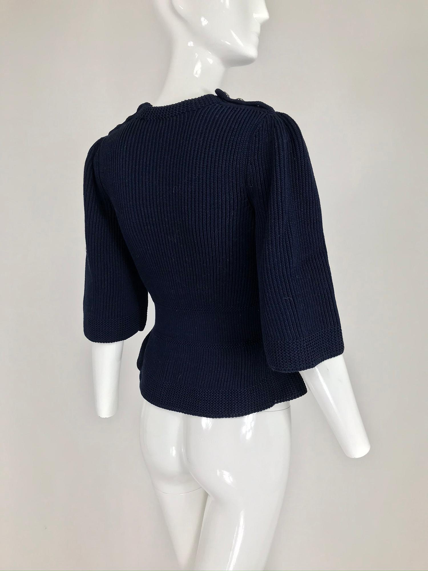 Chanel Navy Blue Chunky Knit Fitted Waist Peplum Sweater In Excellent Condition In West Palm Beach, FL