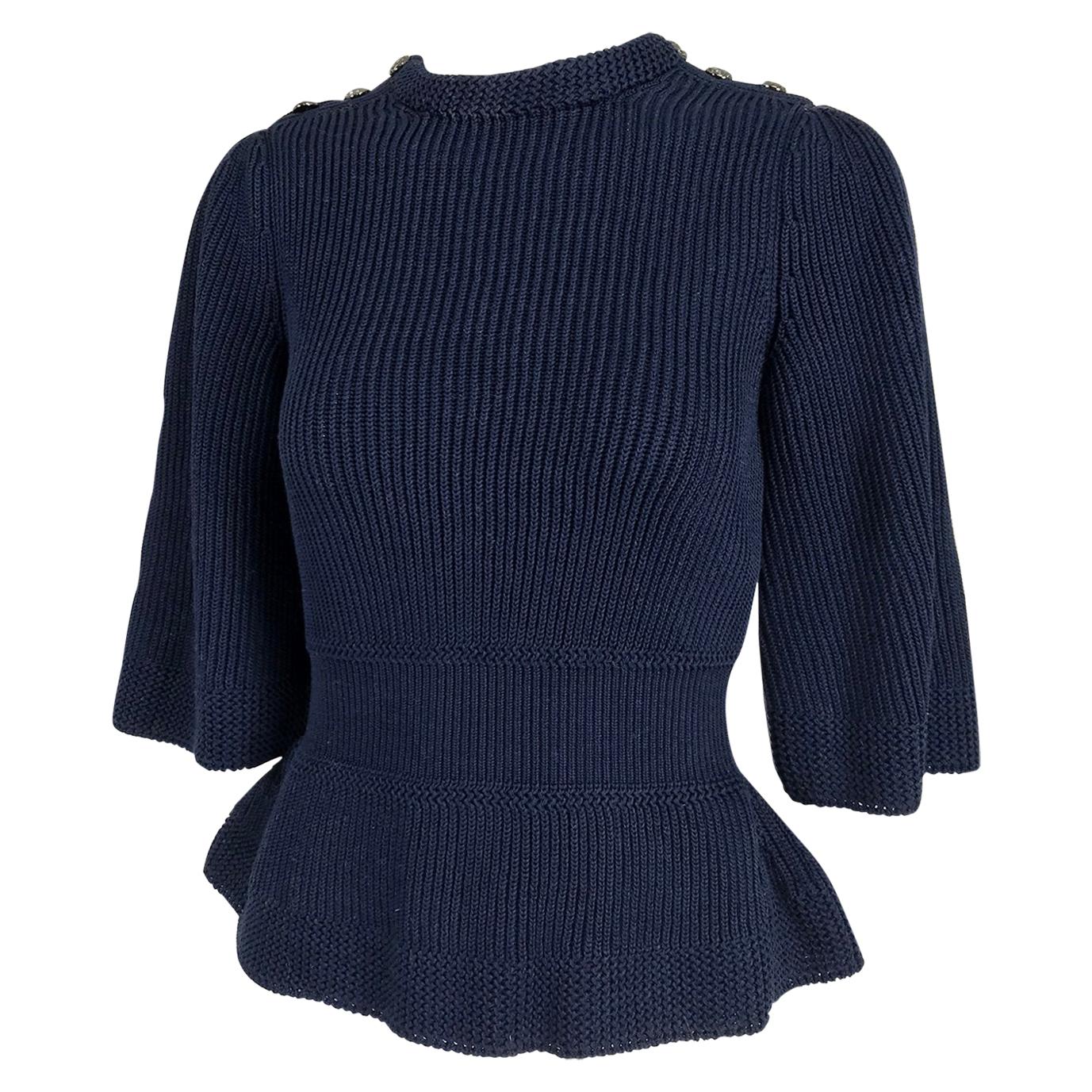 Chanel Navy Blue Chunky Knit Fitted Waist Peplum Sweater