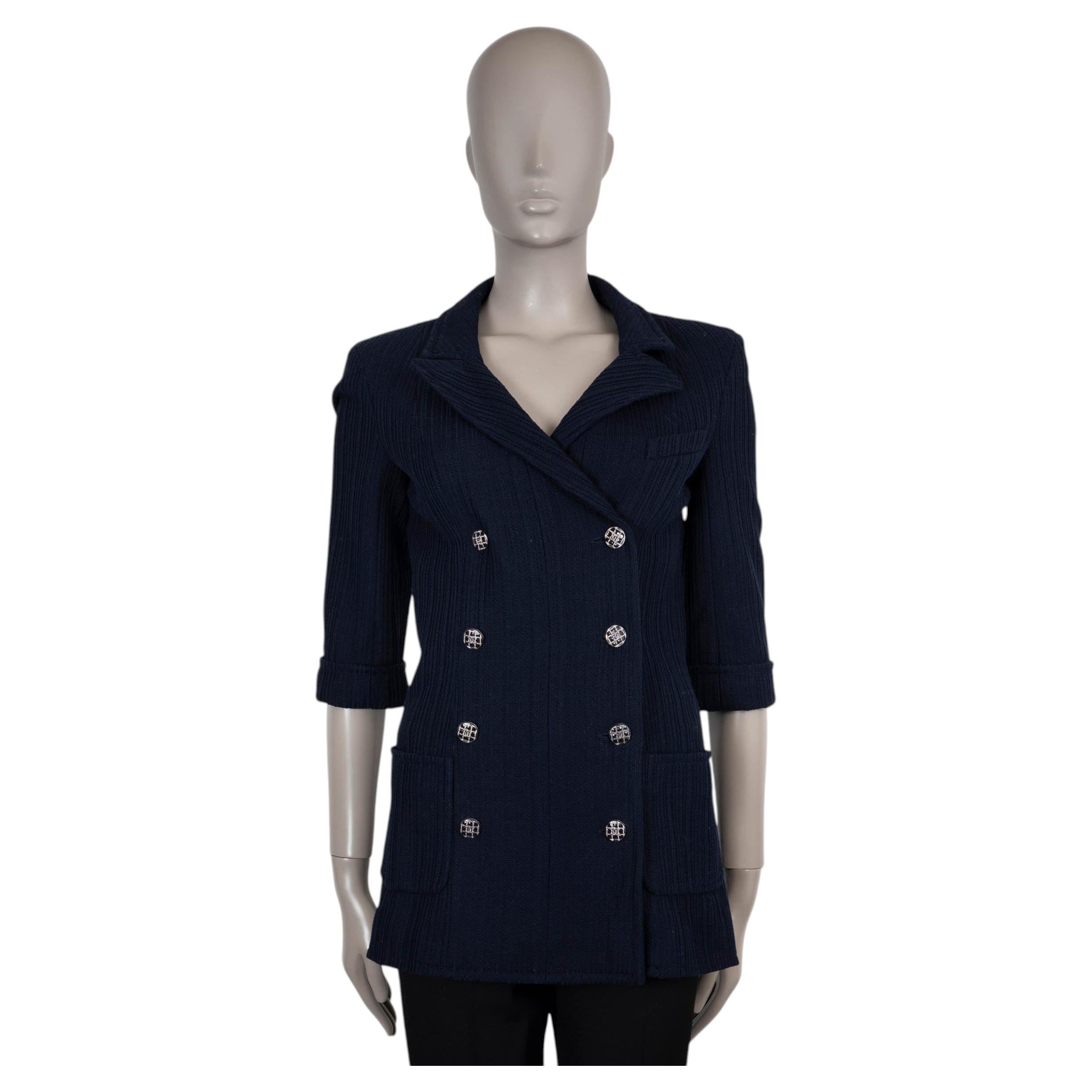 CHANEL navy blue cotton 13P DOUBLE BREASTED KNIT Jacket 38 S