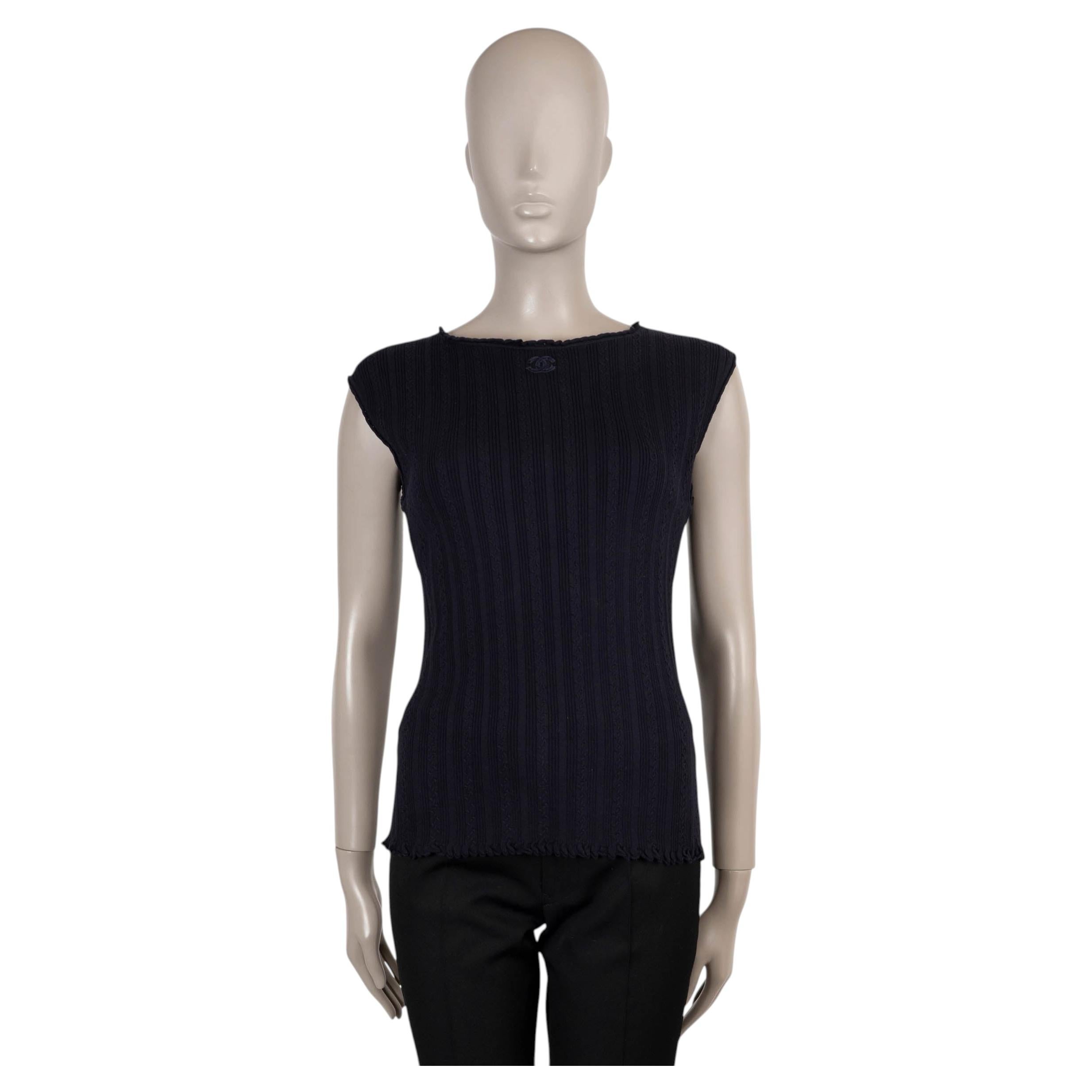 CHANEL navy blue cotton 14P BRAIDE & RIB-KNIT Tank Top Shirt 40 M