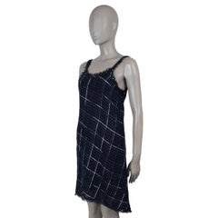 CHANEL navy blue cotton 17P FRINGE TRIM TWEED MINI Dress 40 M