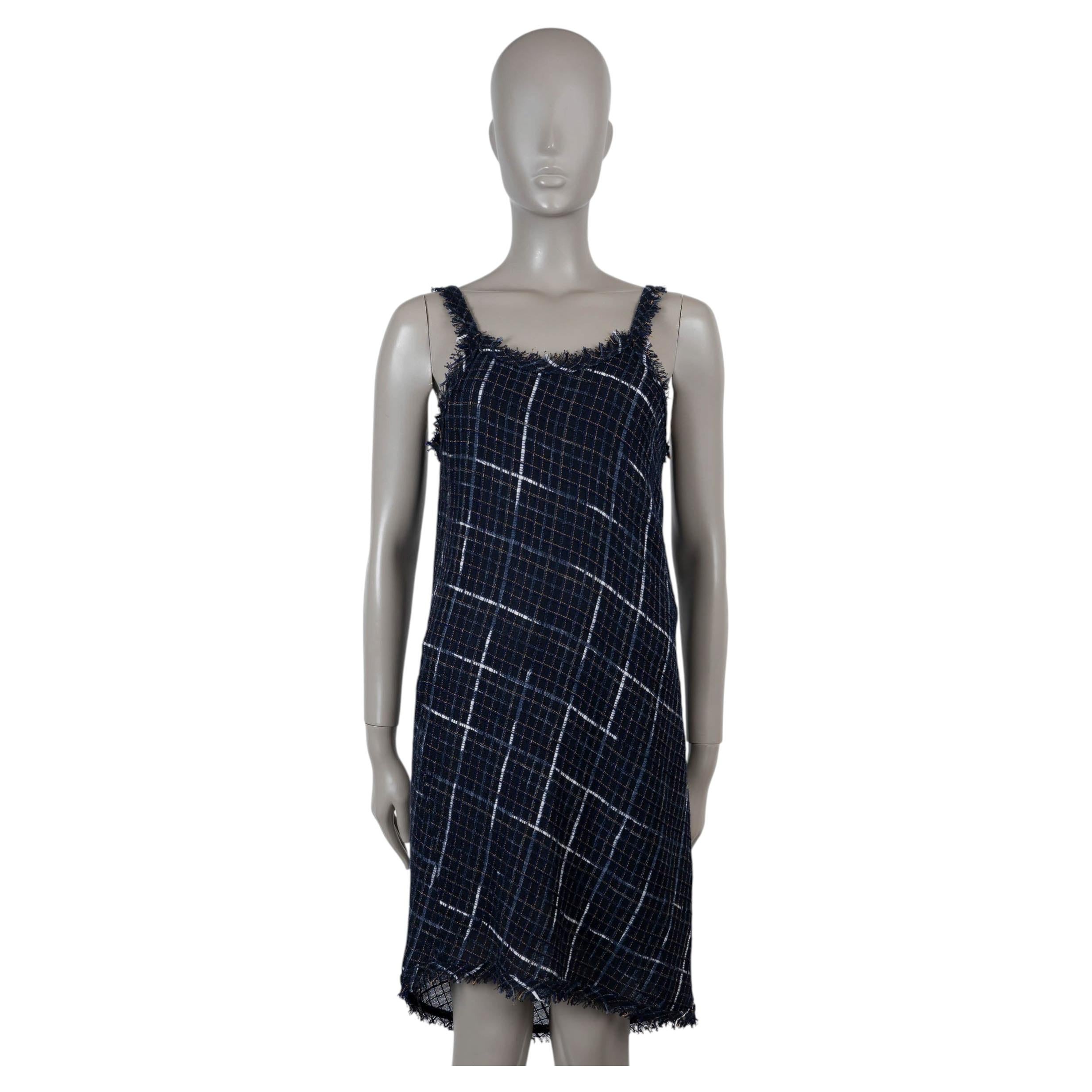 CHANEL navy blue cotton 17P FRINGE TRIM TWEED MINI Dress 40 M