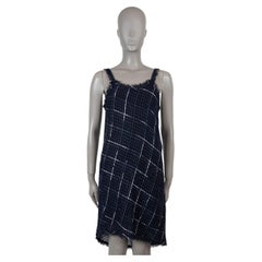 CHANEL navy blue cotton 17P FRINGE TRIM TWEED MINI Dress 40 M