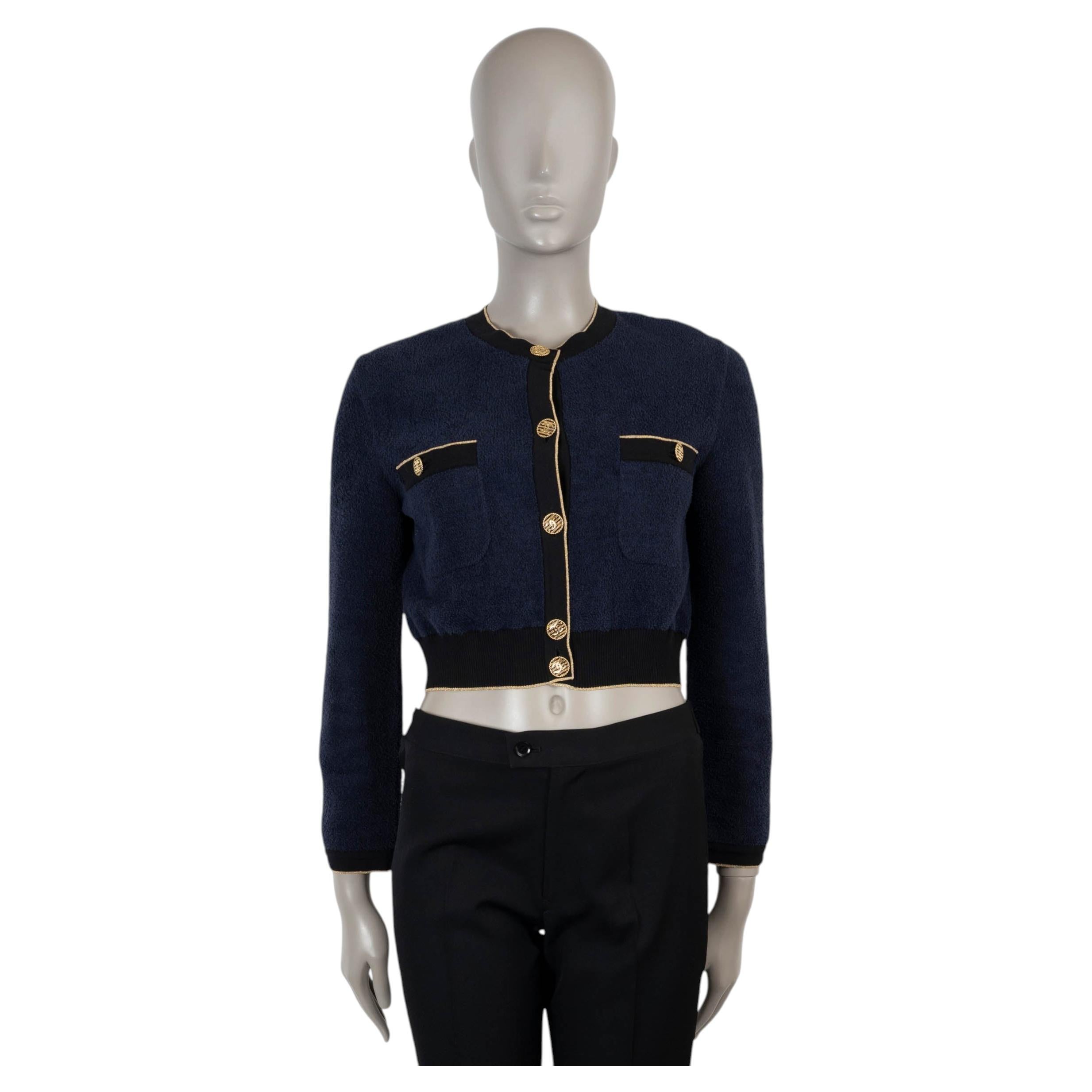 CHANEL navy blue cotton 19C LA PAUSA TERRY CROPPED Cardigan Jacket 36 XS