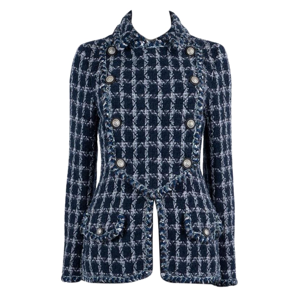 CHANEL algodón azul marino 2014 14A DALLAS DOBLE PECHO CHAQUETA 38 S