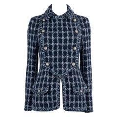 CHANEL algodón azul marino 2014 14A DALLAS DOBLE PECHO CHAQUETA 38 S