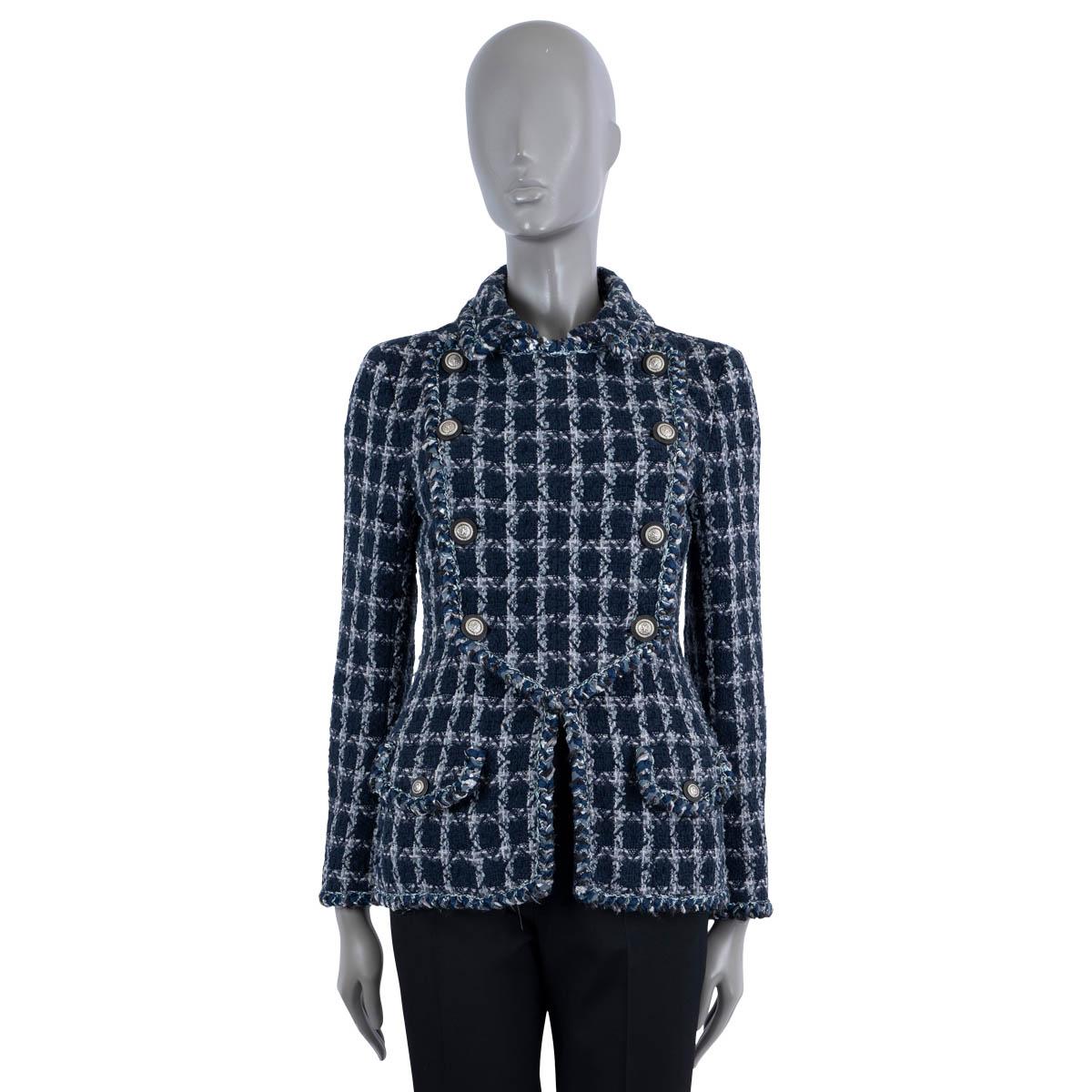 Black CHANEL navy blue cotton 2014 14A DALLAS DOUBLE BREASTED TWEED Jacket 42 L For Sale