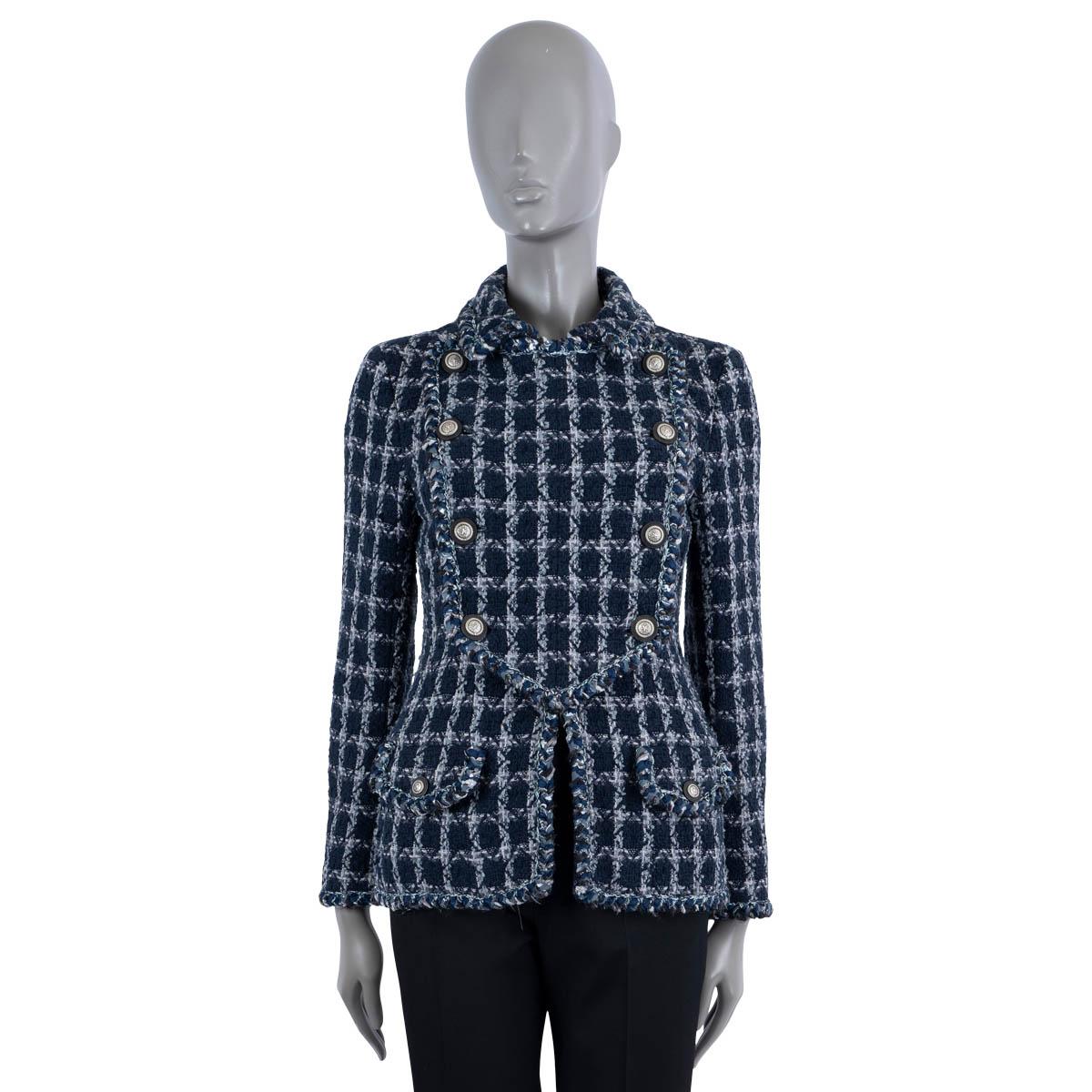 Black CHANEL navy blue cotton 2014 14A DALLAS DOUBLE BREASTED TWEED Jacket 42 L