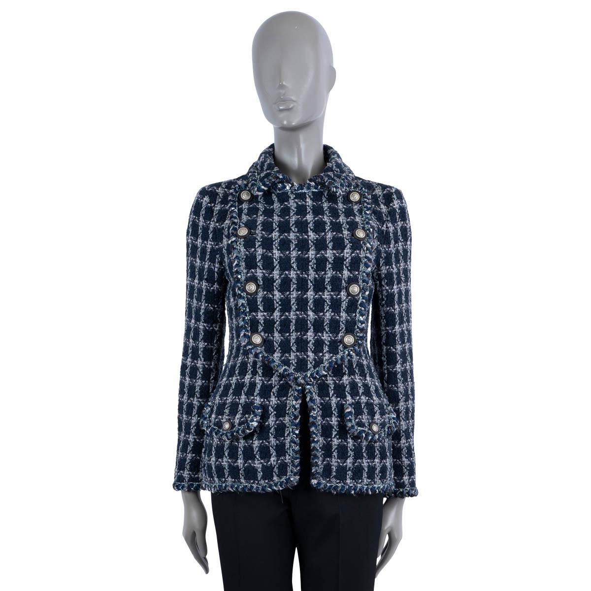 Noir CHANEL bleu marine coton 2014 14A DALLAS DOUBLE BREASTED TWEED Jacket 42 L en vente