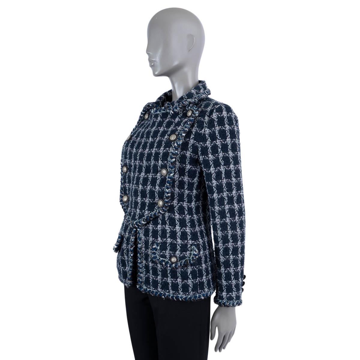 Women's CHANEL navy blue cotton 2014 14A DALLAS DOUBLE BREASTED TWEED Jacket 42 L For Sale