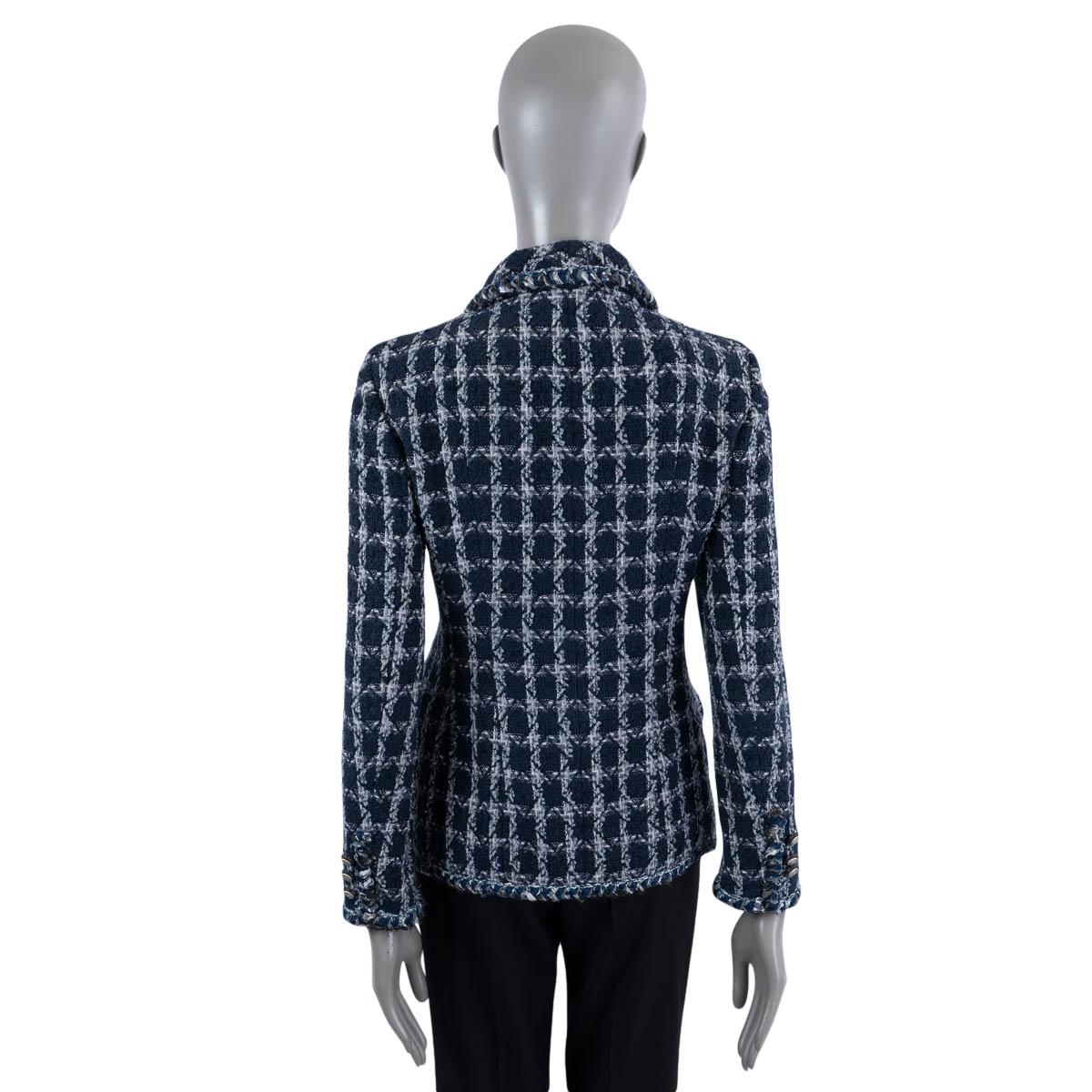 CHANEL navy blue cotton 2014 14A DALLAS DOUBLE BREASTED TWEED Jacket 42 L For Sale 1