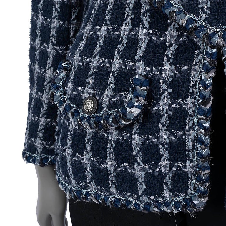 CHANEL navy blue cotton 2014 14A DALLAS DOUBLE BREASTED TWEED Jacket 42 L