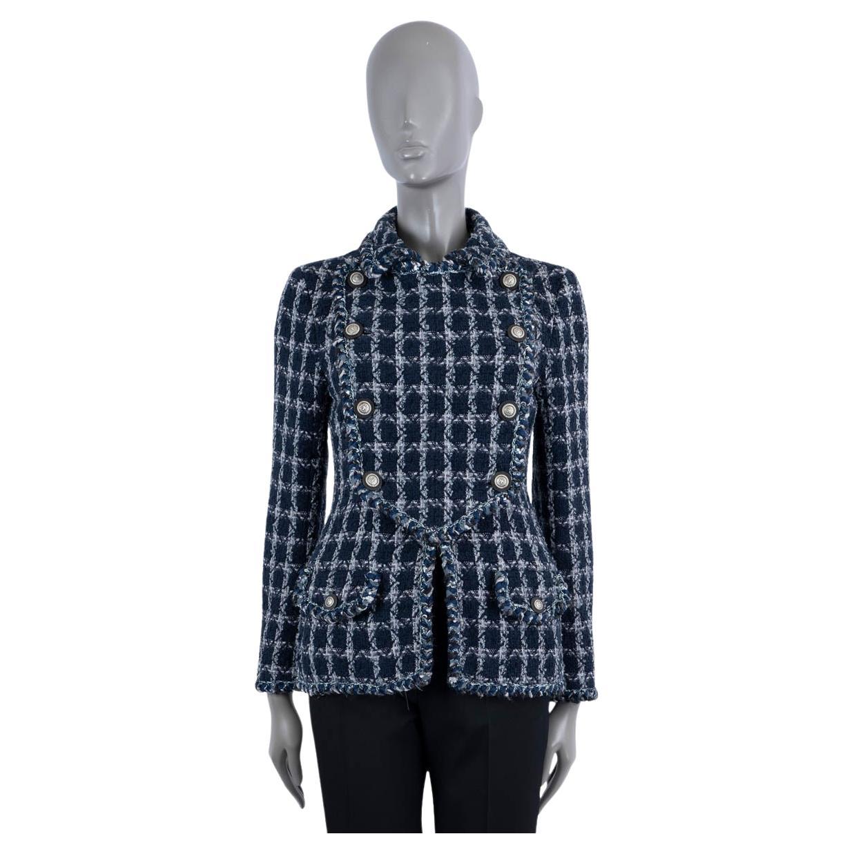 CHANEL navy blue cotton 2014 14A DALLAS DOUBLE BREASTED TWEED Jacket 42 L For Sale