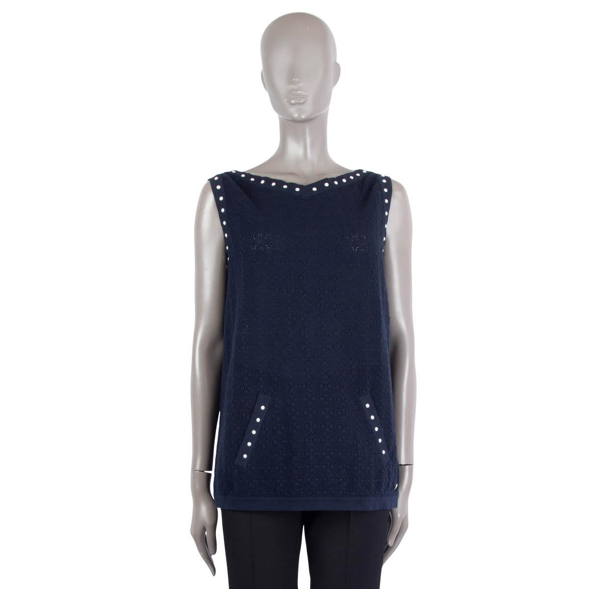 Black CHANEL navy blue cotton 2016 PEARL STUDDED KNIT Shirt 40 M For Sale