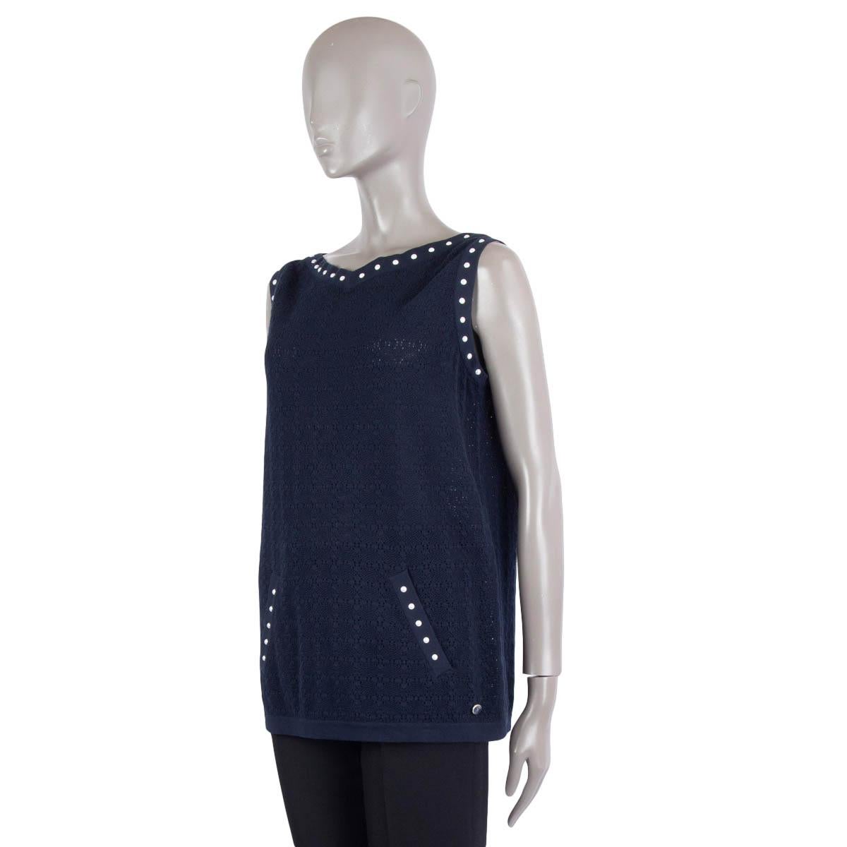Women's CHANEL navy blue cotton 2016 PEARL STUDDED KNIT Shirt 40 M For Sale