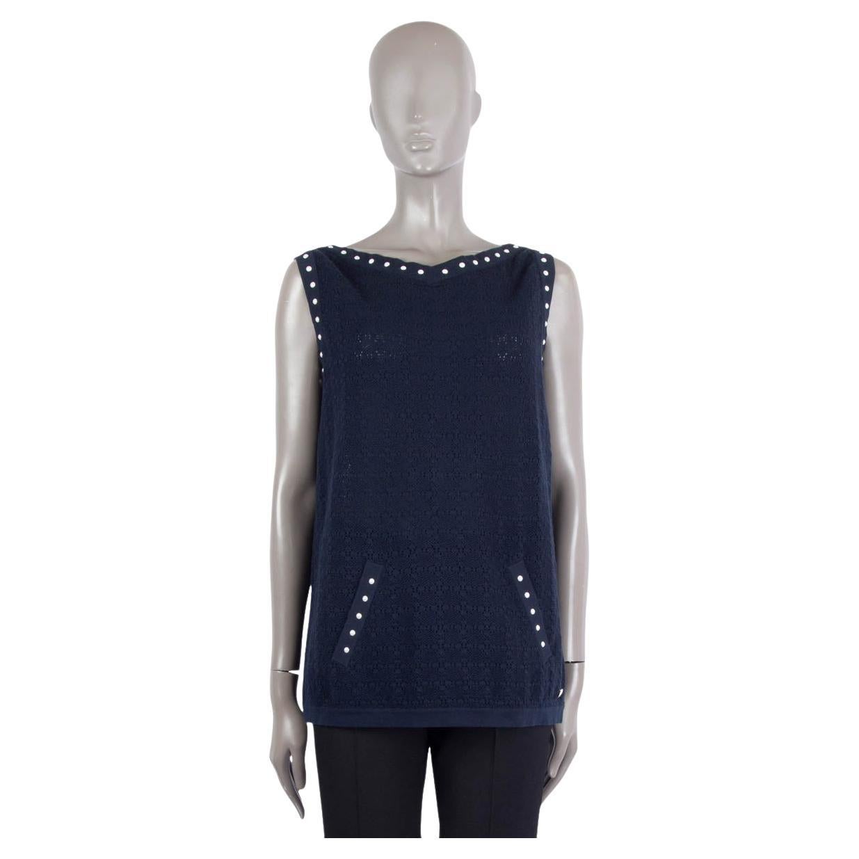 CHANEL navy blue cotton 2016 PEARL STUDDED KNIT Shirt 40 M For Sale
