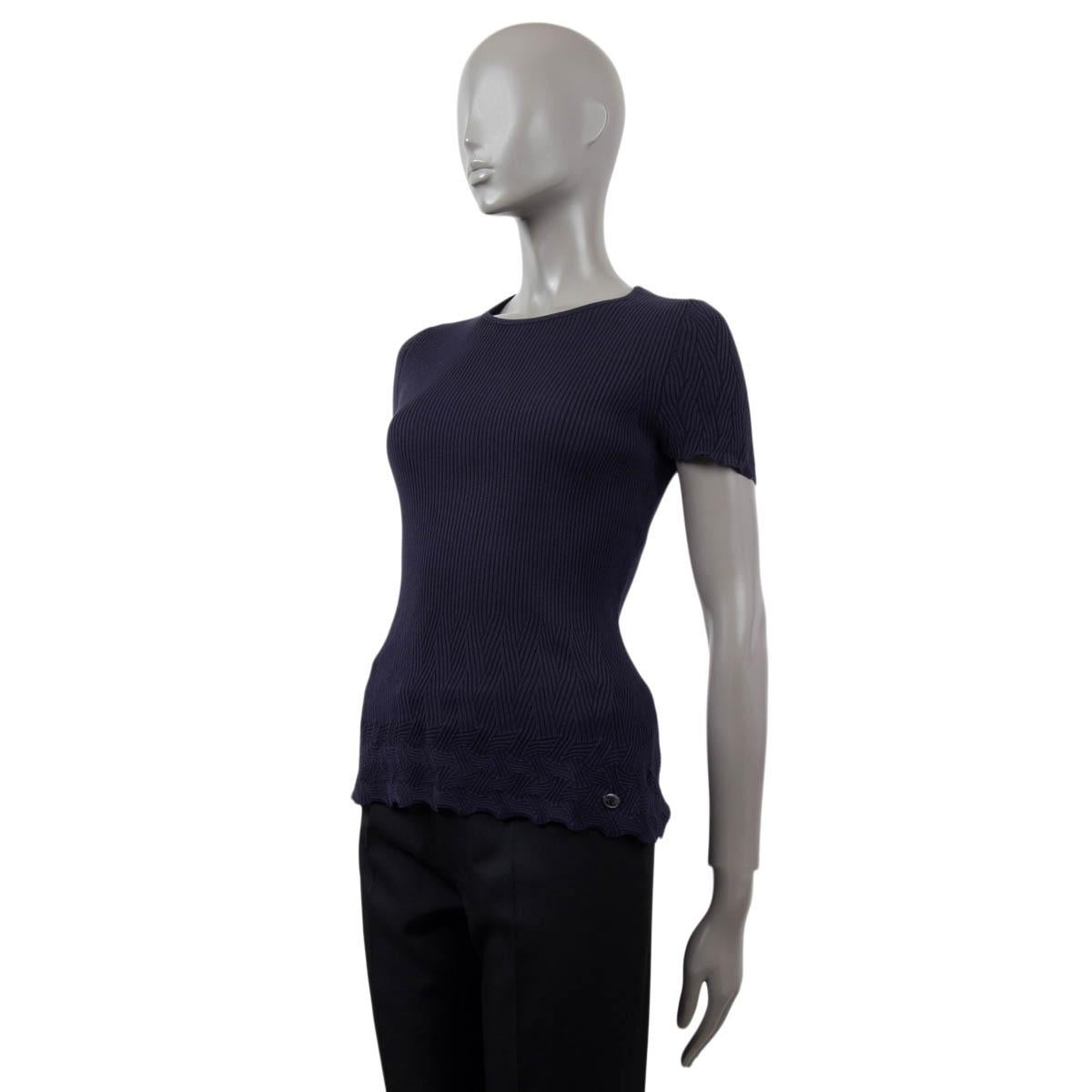 Women's CHANEL navy blue cotton 2018 18S TEXTURED RIB-KNIT T-Shirt Shirt 38 S For Sale