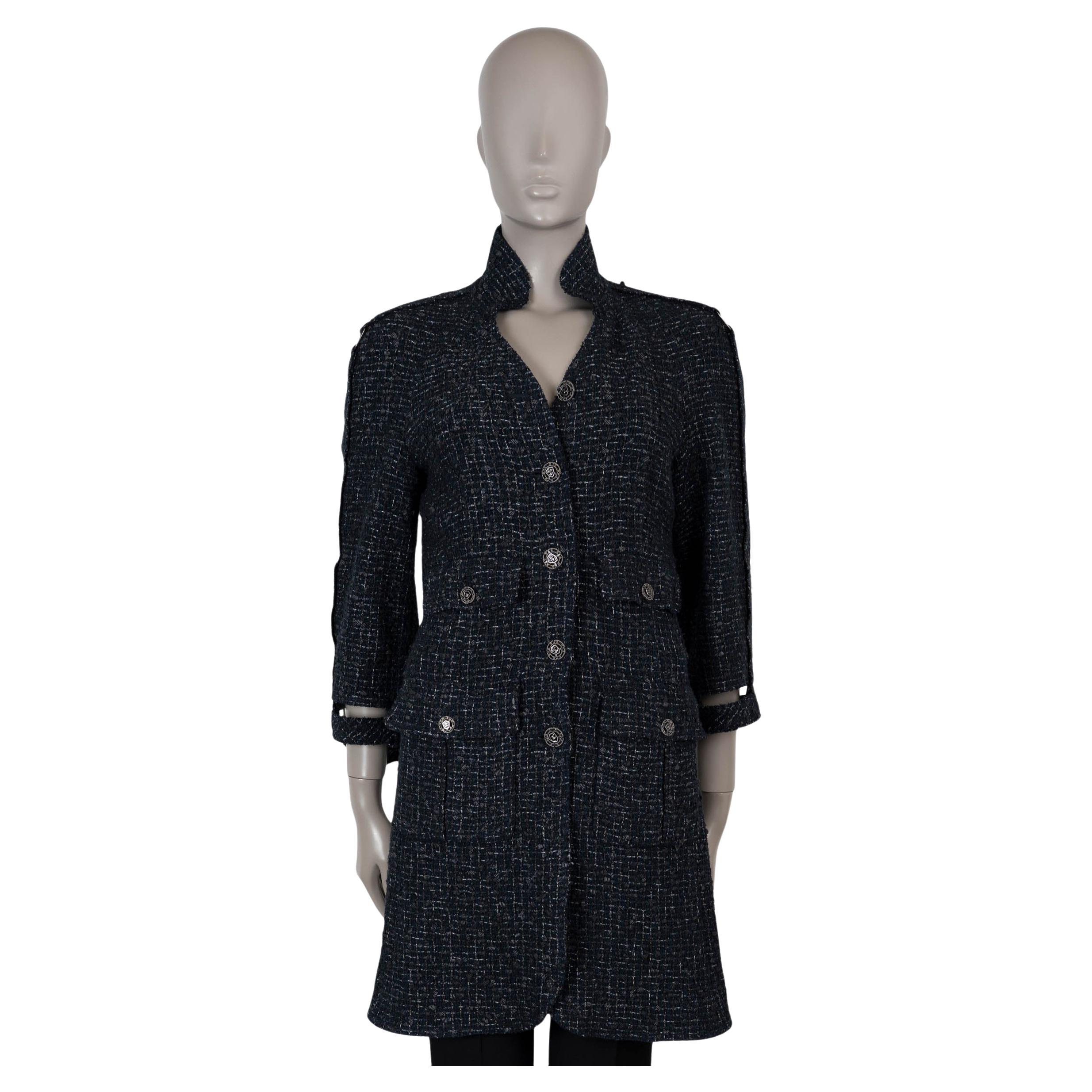 CHANEL azul marino mezcla de algodón 08P DECONSTRUIDO CUFF TWEED Abrigo Chaqueta S