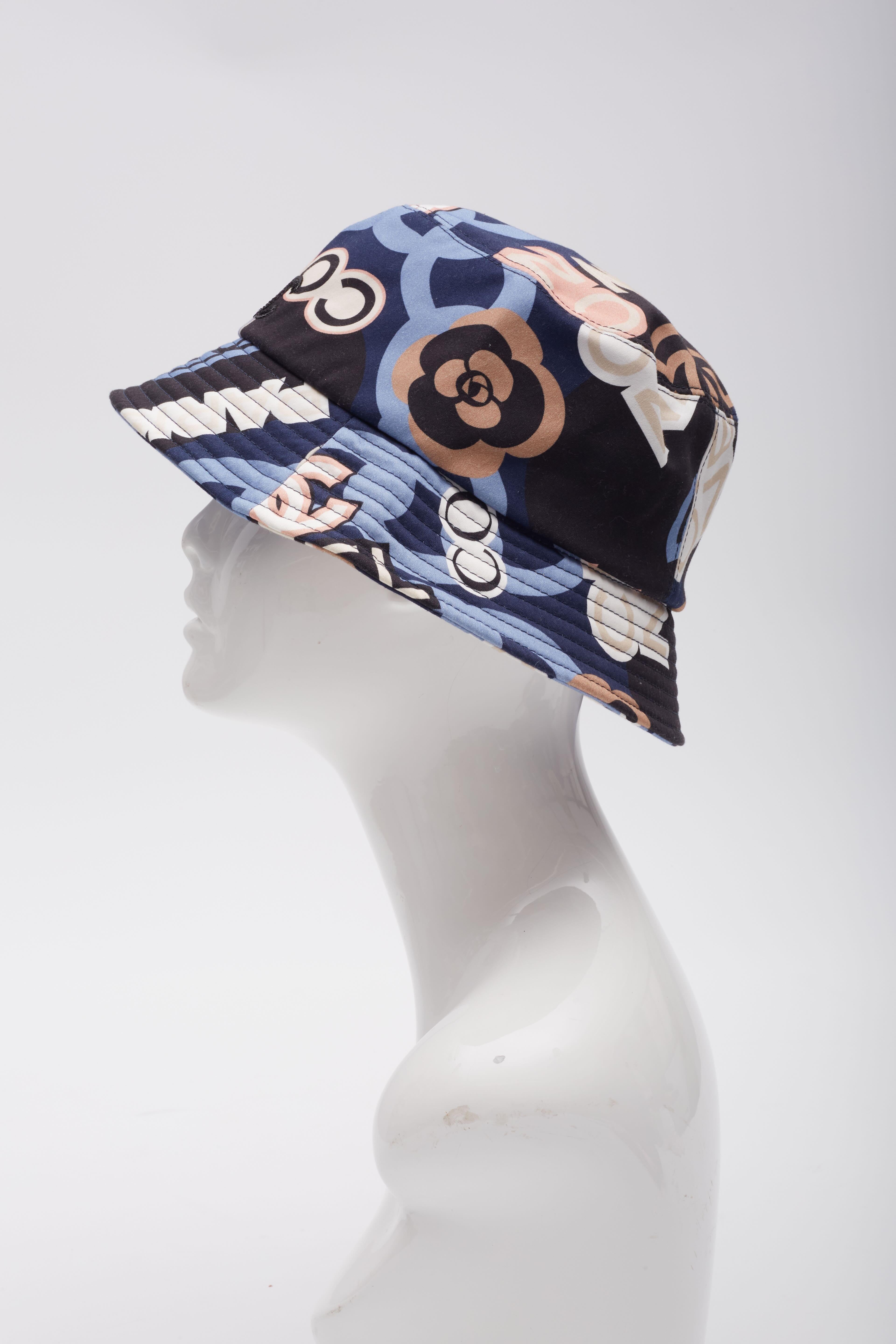 Black Chanel Navy Blue Cotton CC Printed Bucket Hat For Sale