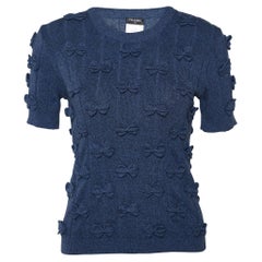 Chanel - Maglione con fiocco applicato in maglia di cotone blu navy M