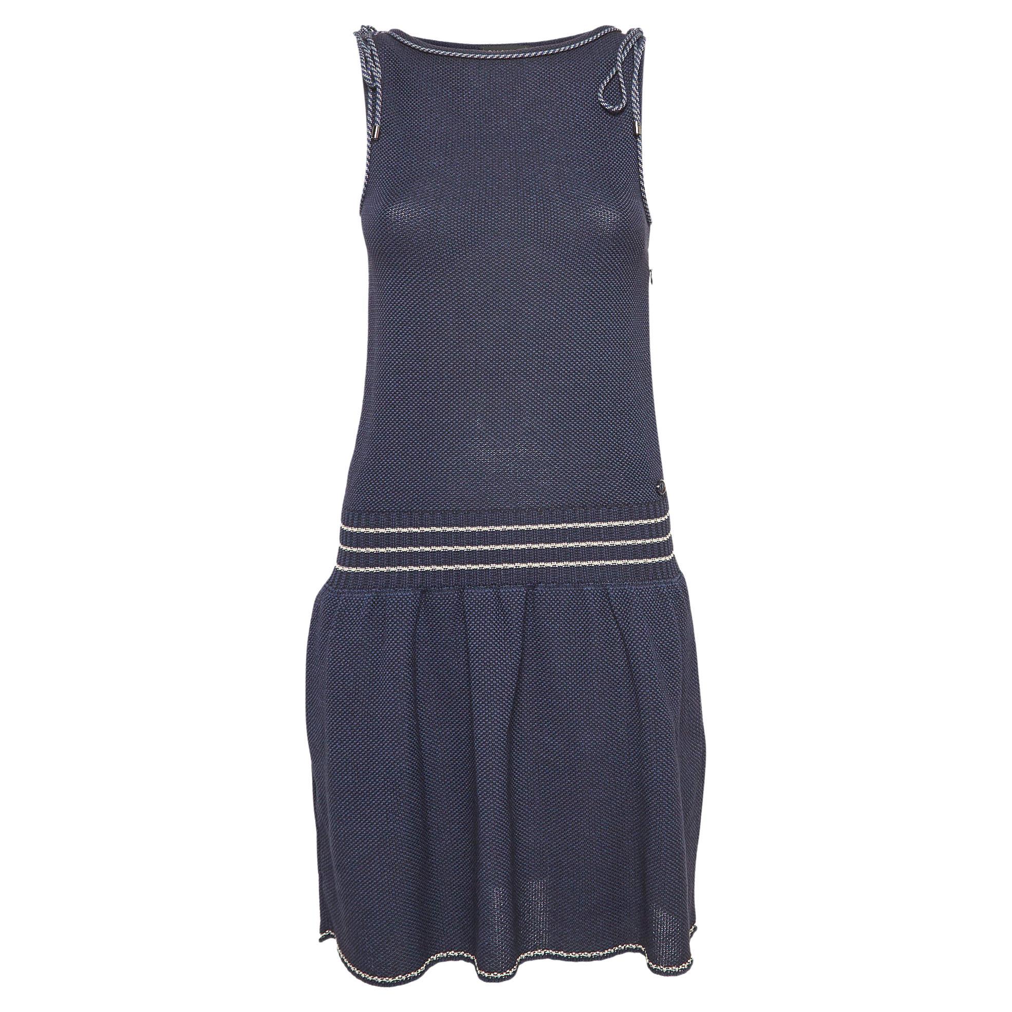 Chanel Navy Blue Cotton Knit Tie-Up Detail Sleeveless Mini Dress M For Sale