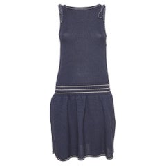 Used Chanel Navy Blue Cotton Knit Tie-Up Detail Sleeveless Mini Dress M