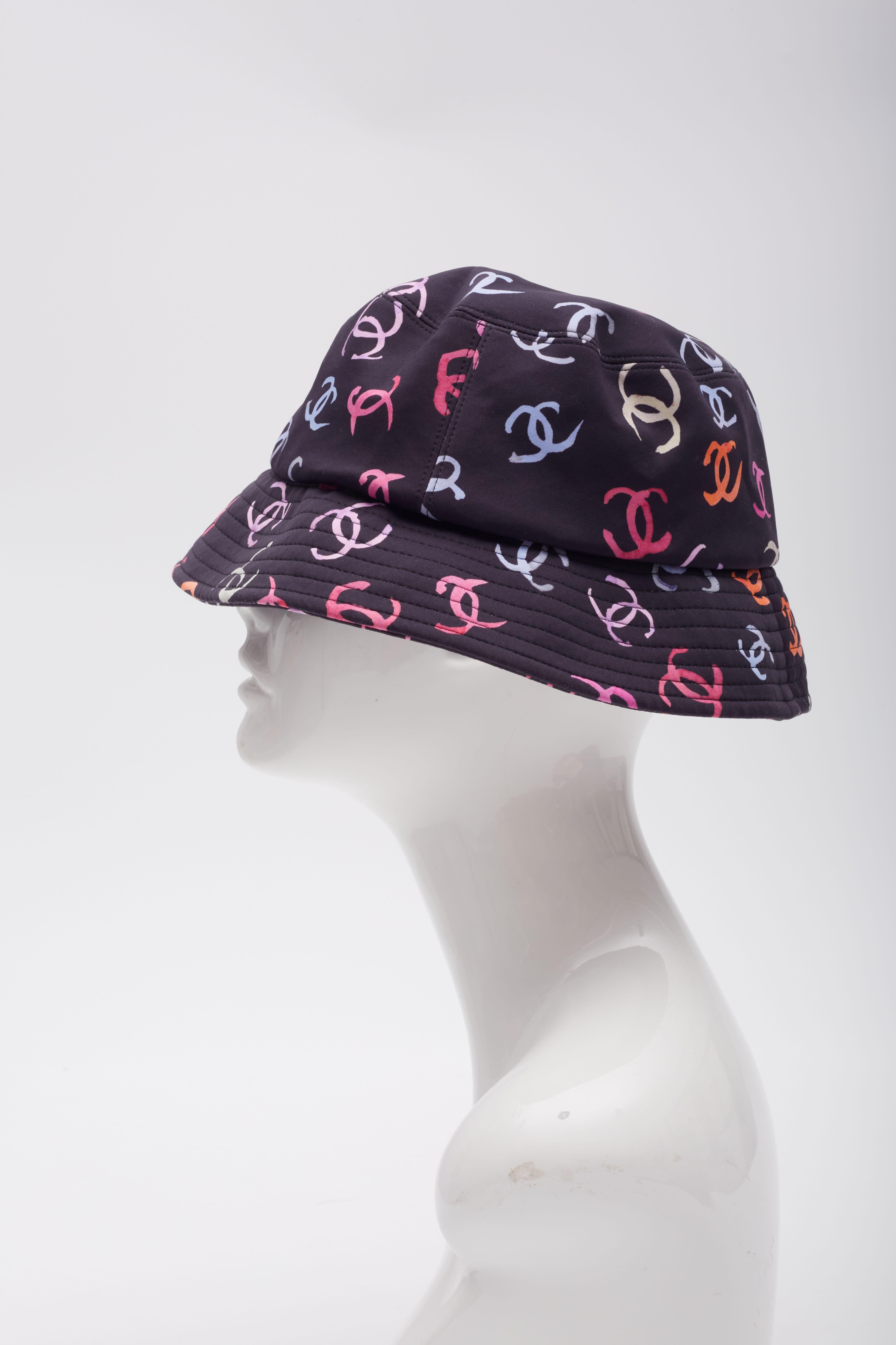 Black Chanel Navy Blue Cotton Multicoloured CC Printed Bucket Hat For Sale