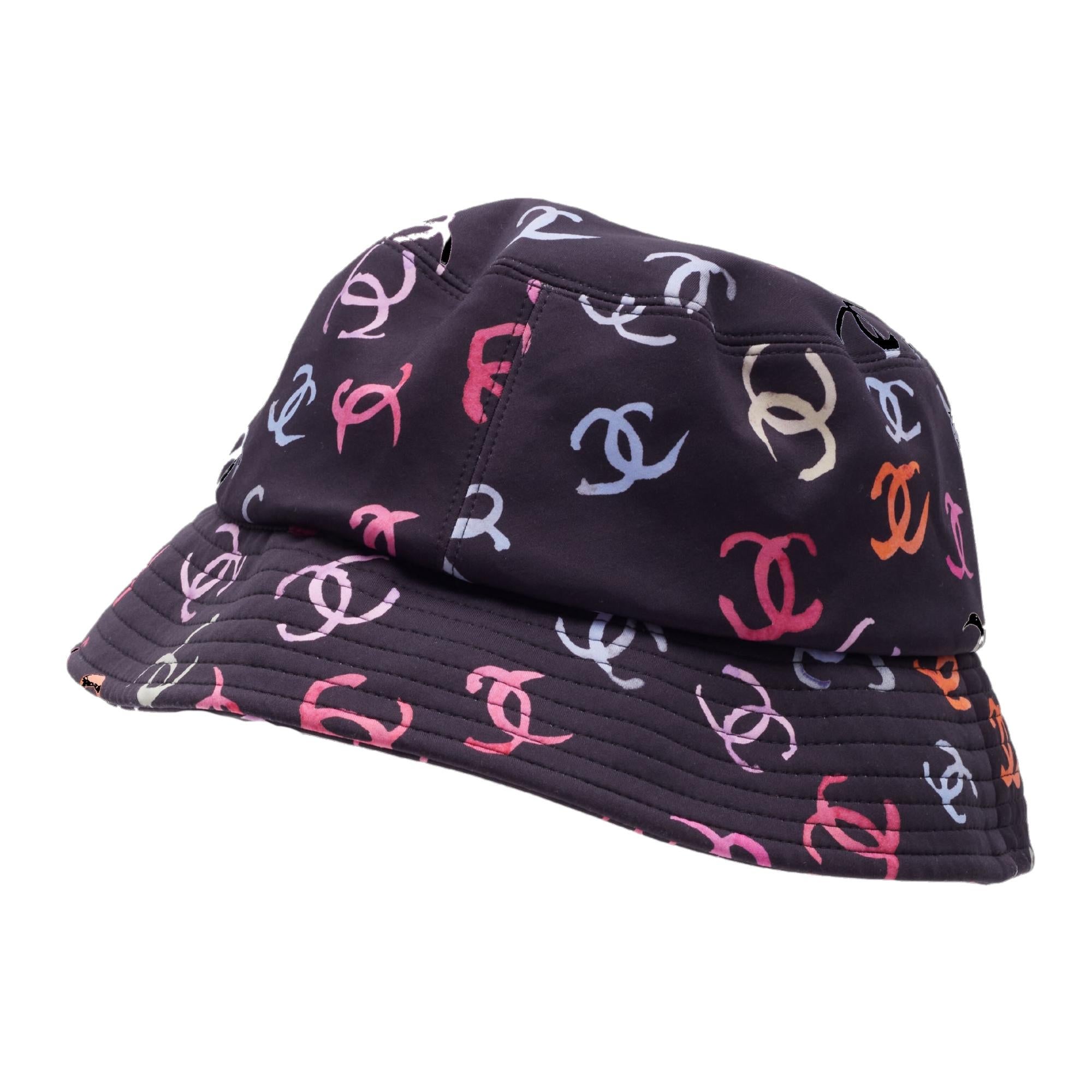 Chanel Navy Blue Cotton Multicoloured CC Printed Bucket Hat For Sale 1