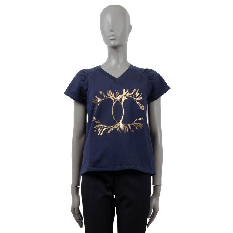 CHANEL bleu marine coton soie 2018 18C GREECE PRINTED T-Shirt Shirt S En  vente sur 1stDibs