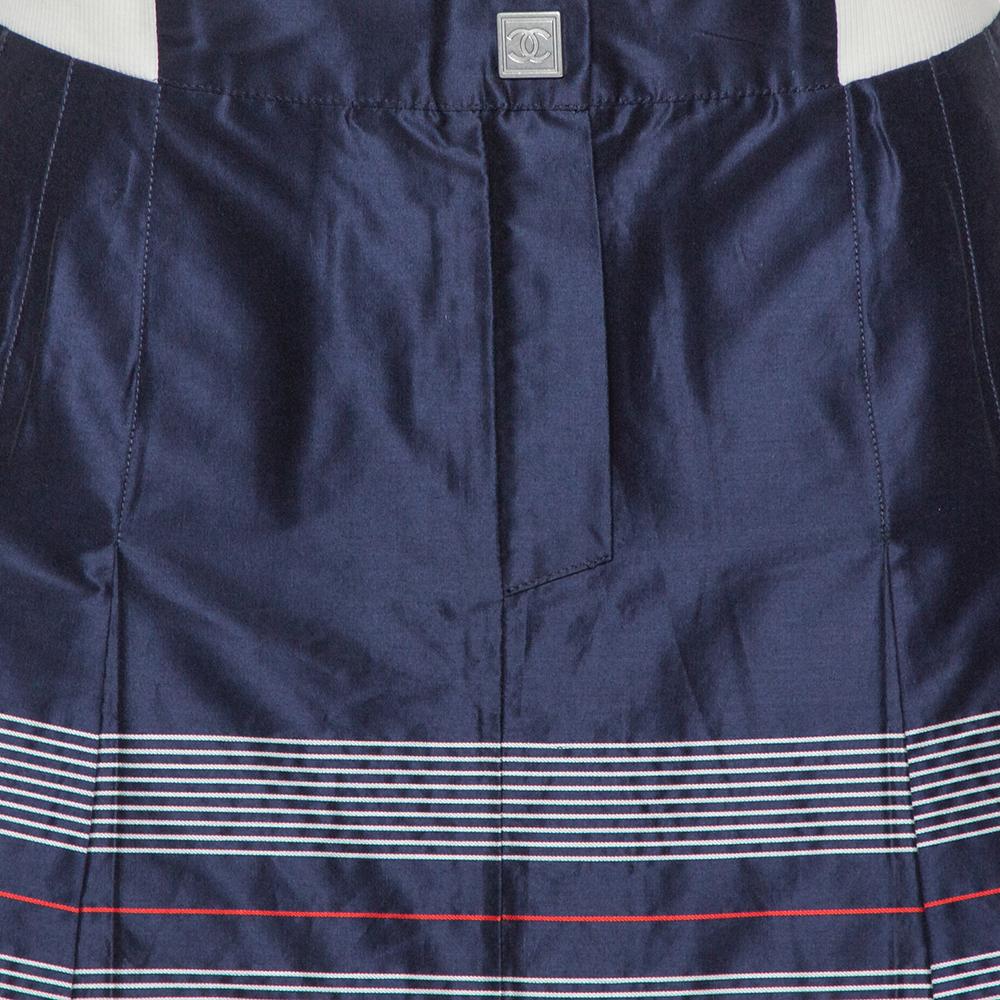 Black Chanel Navy Blue Cotton & Silk Striped Detail Pleated Tennis Skirt S