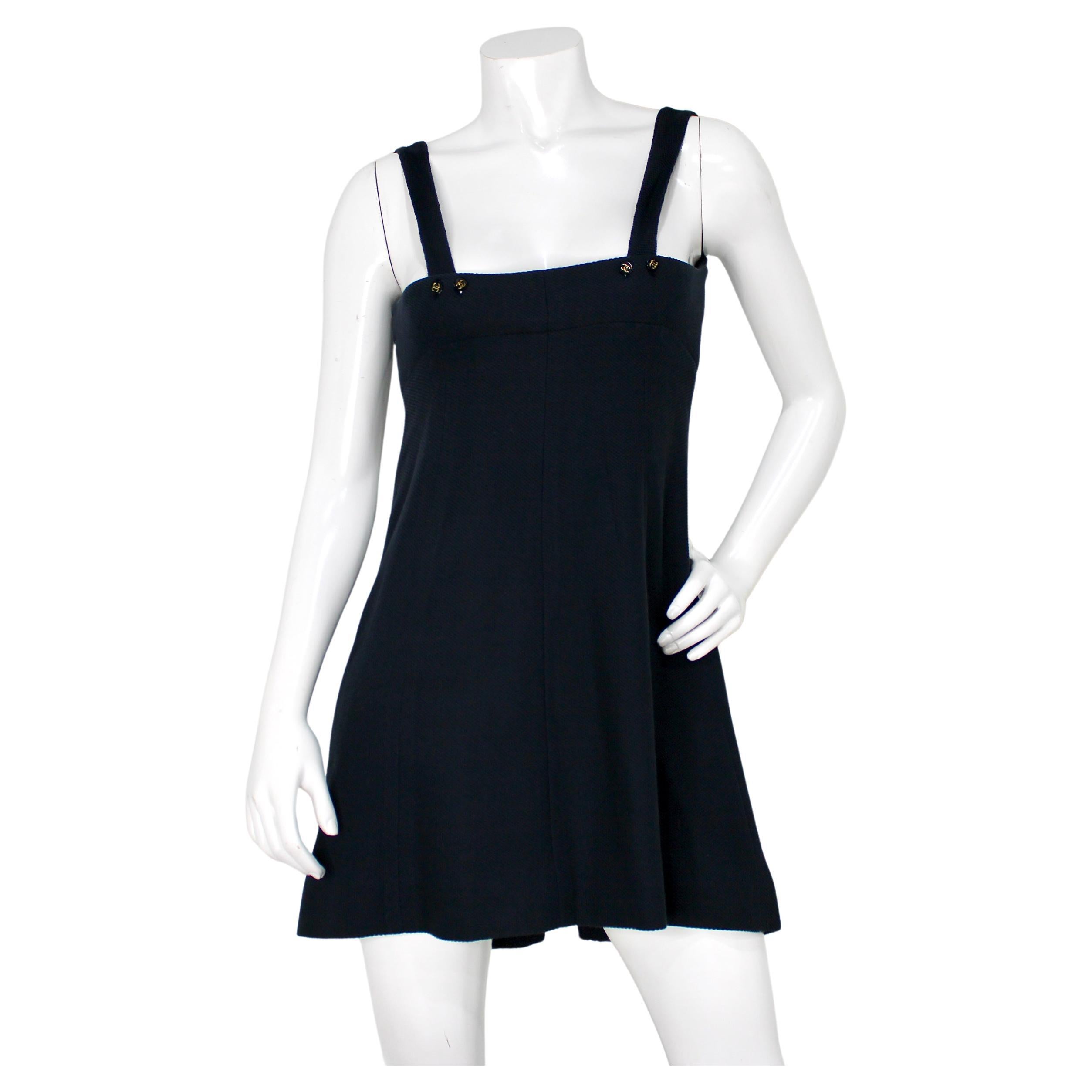 Chanel Navy Blue Cotton Smocked Sleeveless Dress circa 1995