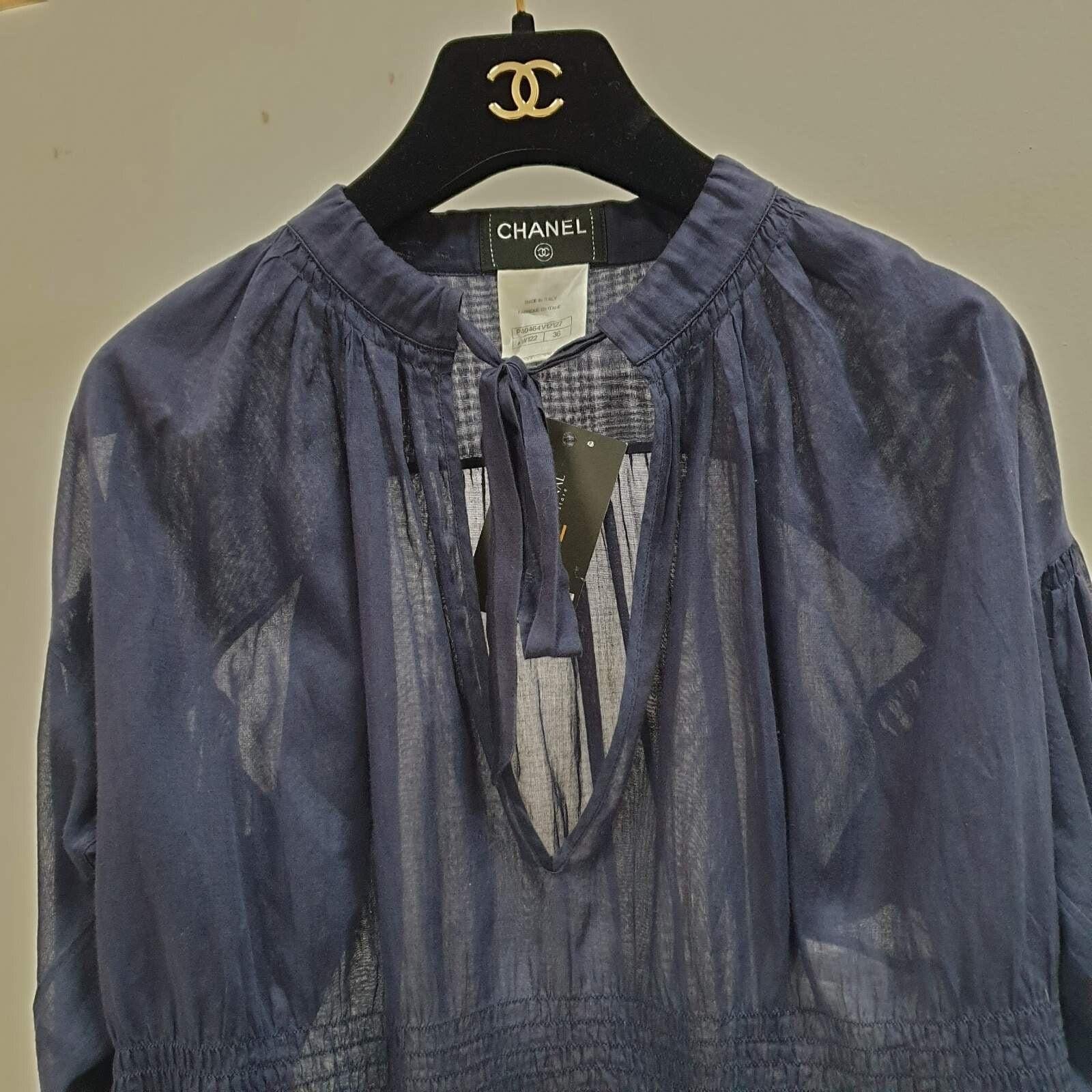 Nero Chanel Blu Navy Cotone Vita 2 Cc Logo Bottoni Camicetta Top Sz.36 in vendita