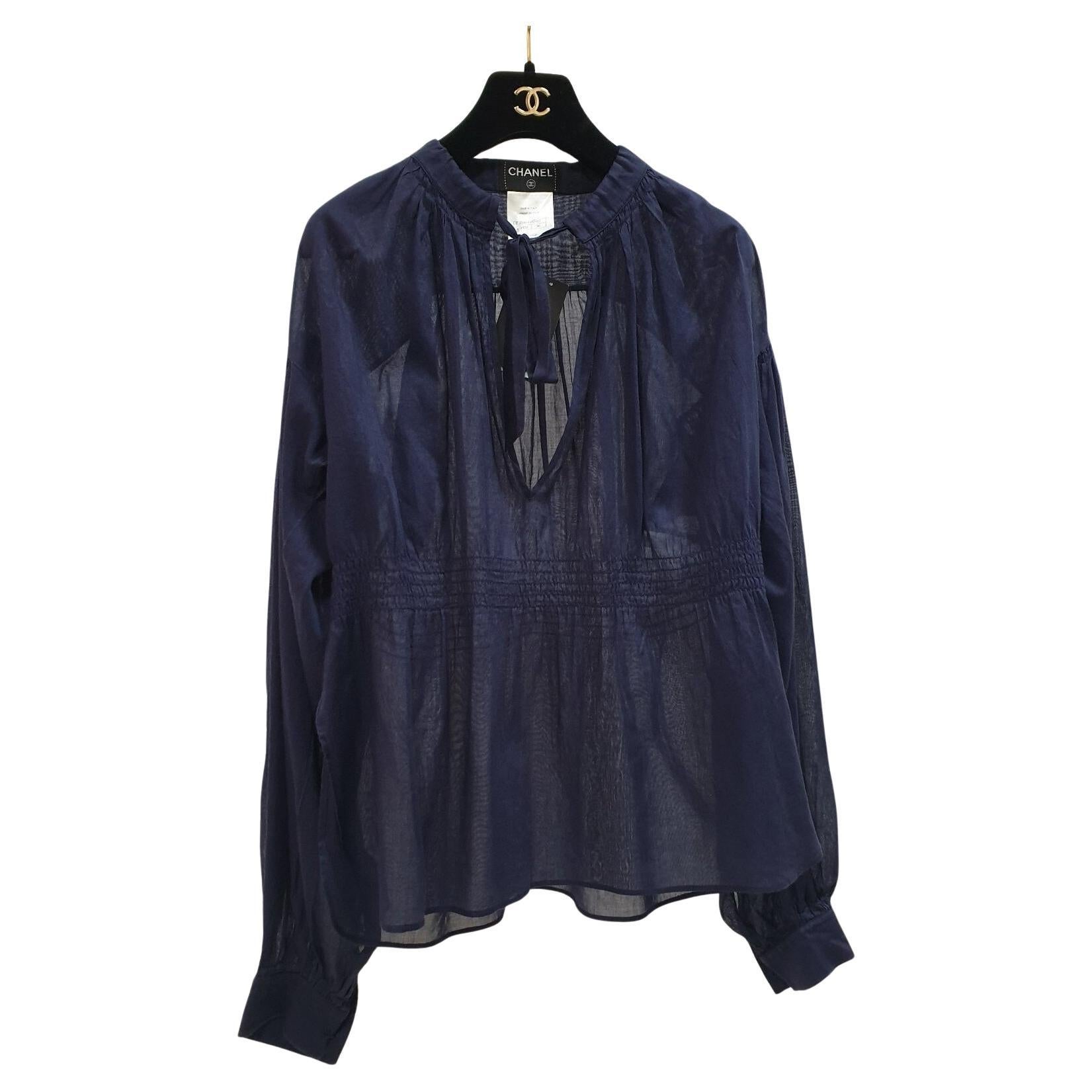 Chanel Blu Navy Cotone Vita 2 Cc Logo Bottoni Camicetta Top Sz.36 in vendita