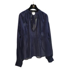 Chanel Blu Navy Cotone Vita 2 Cc Logo Bottoni Camicetta Top Sz.36