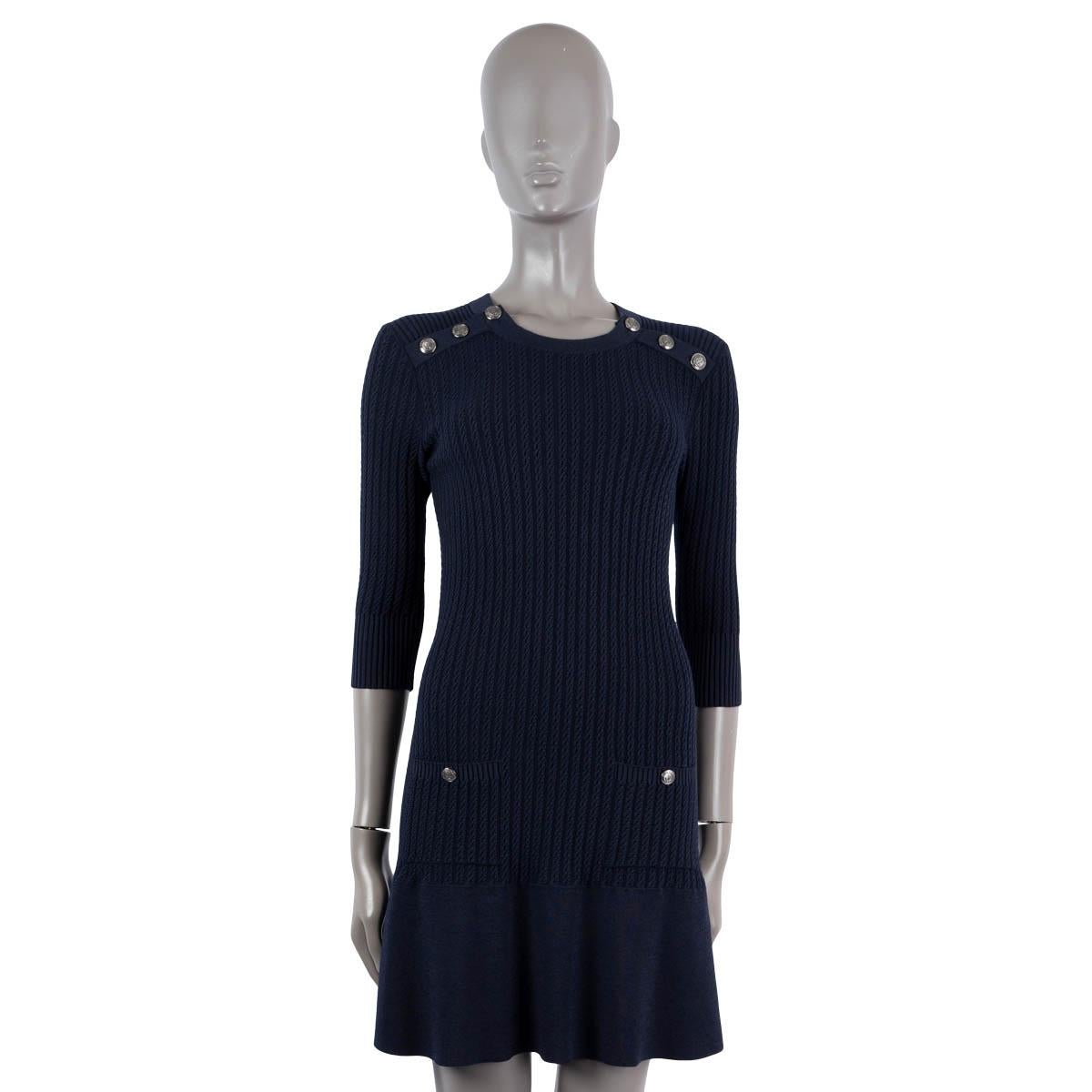 Black CHANEL navy blue cotton & wool 2018 18A HAMBURG BUTTONED NECK KNIT Dress 36 XS For Sale
