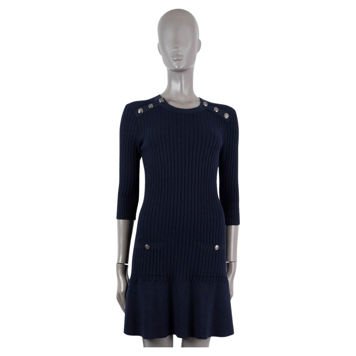 Chanel Navy Blue Cotton & Wool 2018 18A Hamburg Buttoned Neck Knit Dress 36 Xs