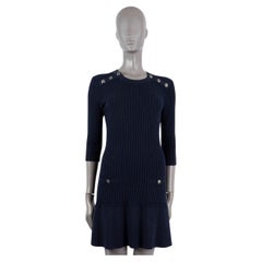 Used CHANEL navy blue cotton & wool 2018 18A HAMBURG BUTTONED NECK KNIT Dress 36 XS