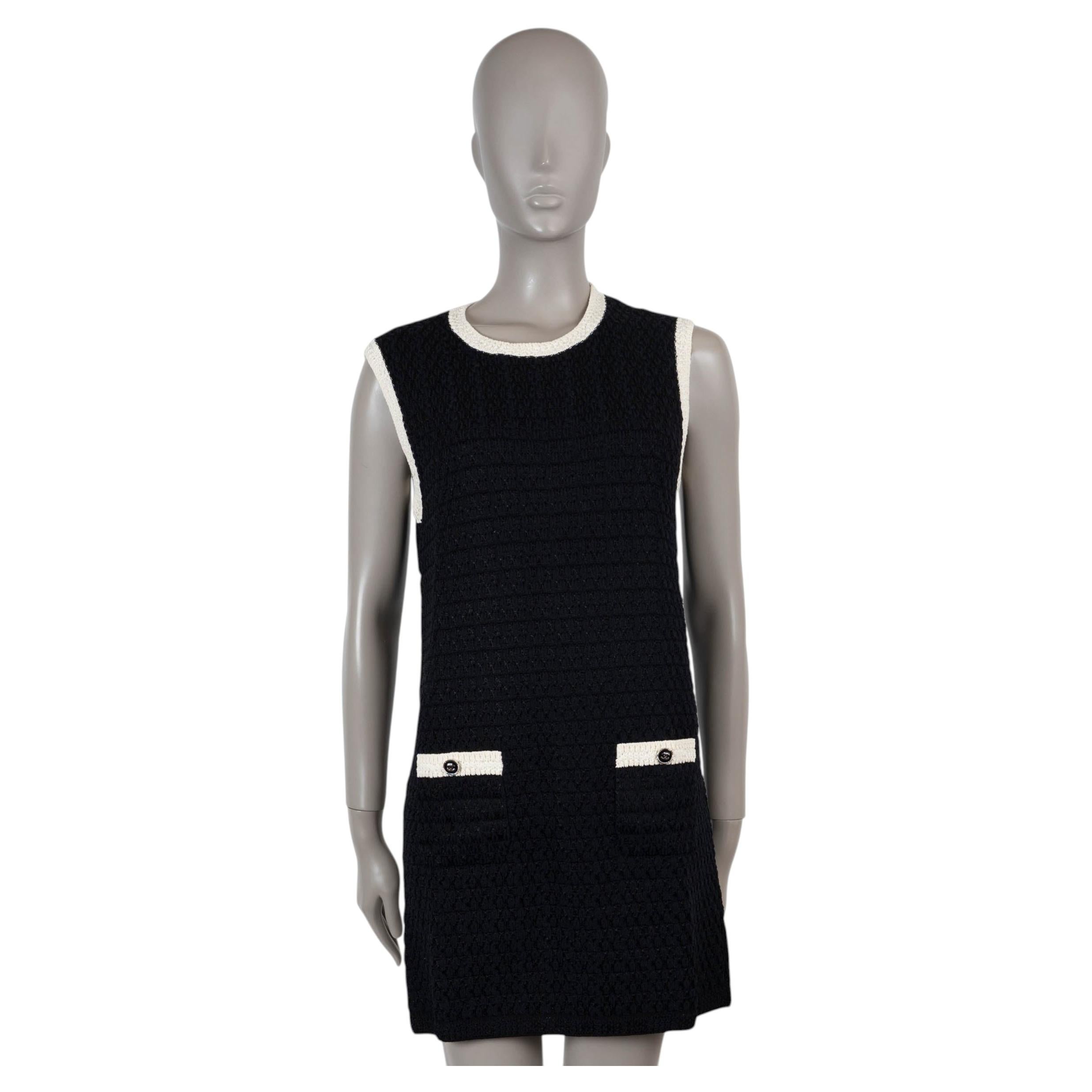 CHANEL navy blue & cream cotton 24P TEXTURED KNIT MINI Dress 40 M