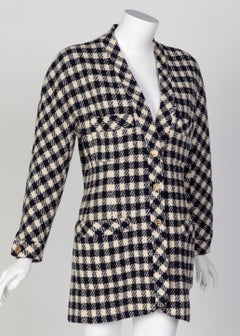 Chanel Midnight Blue Crème Wool Check Gold Button Cardigan Jacket, 1980s