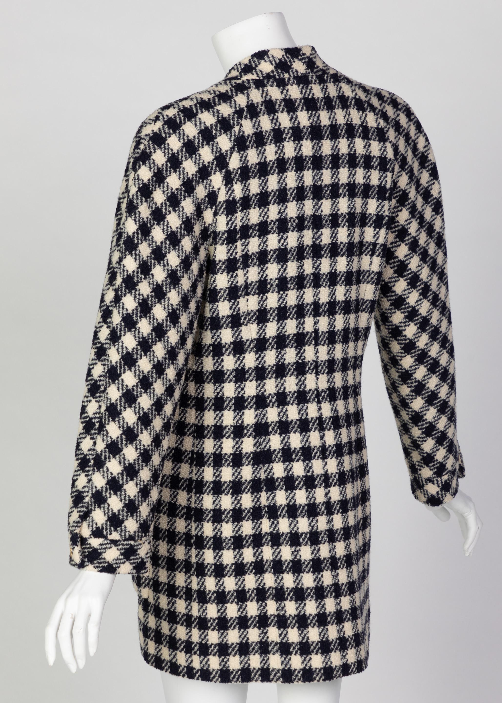 Black Chanel Midnight Blue Crème Wool Check Gold Button Cardigan Jacket, 1980s For Sale