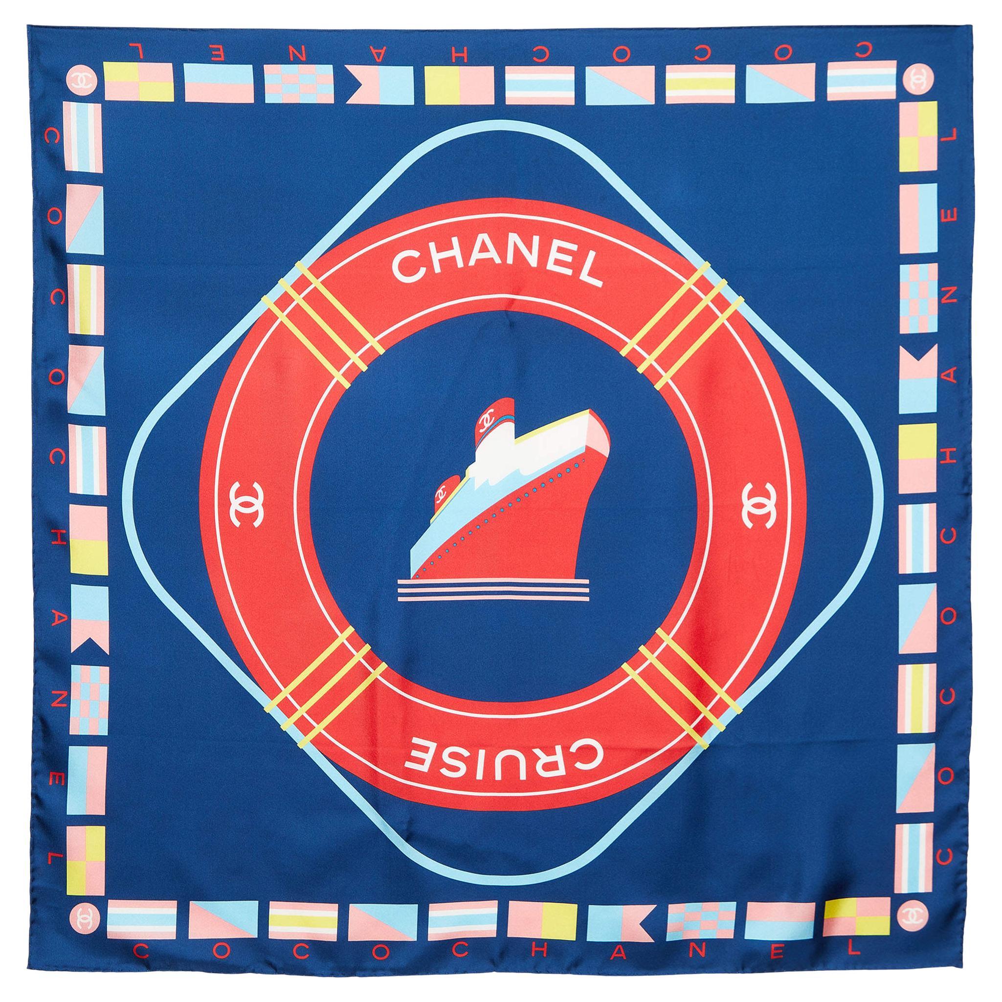 Chanel Navy Blue Cruise Flags Print Silk Square Scarf For Sale