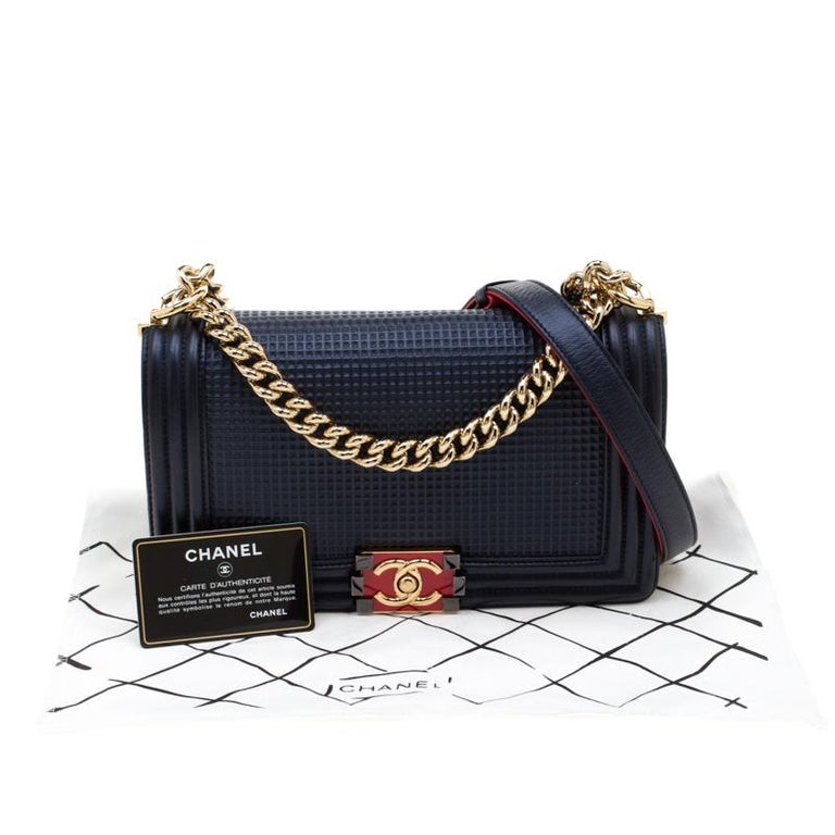 Chanel Navy Blue Cube Embossed Leather Medium Boy Bag For Sale at 1stDibs