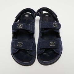 Chanel Navy Blue Denim Dad Slingback Sandals Size 37