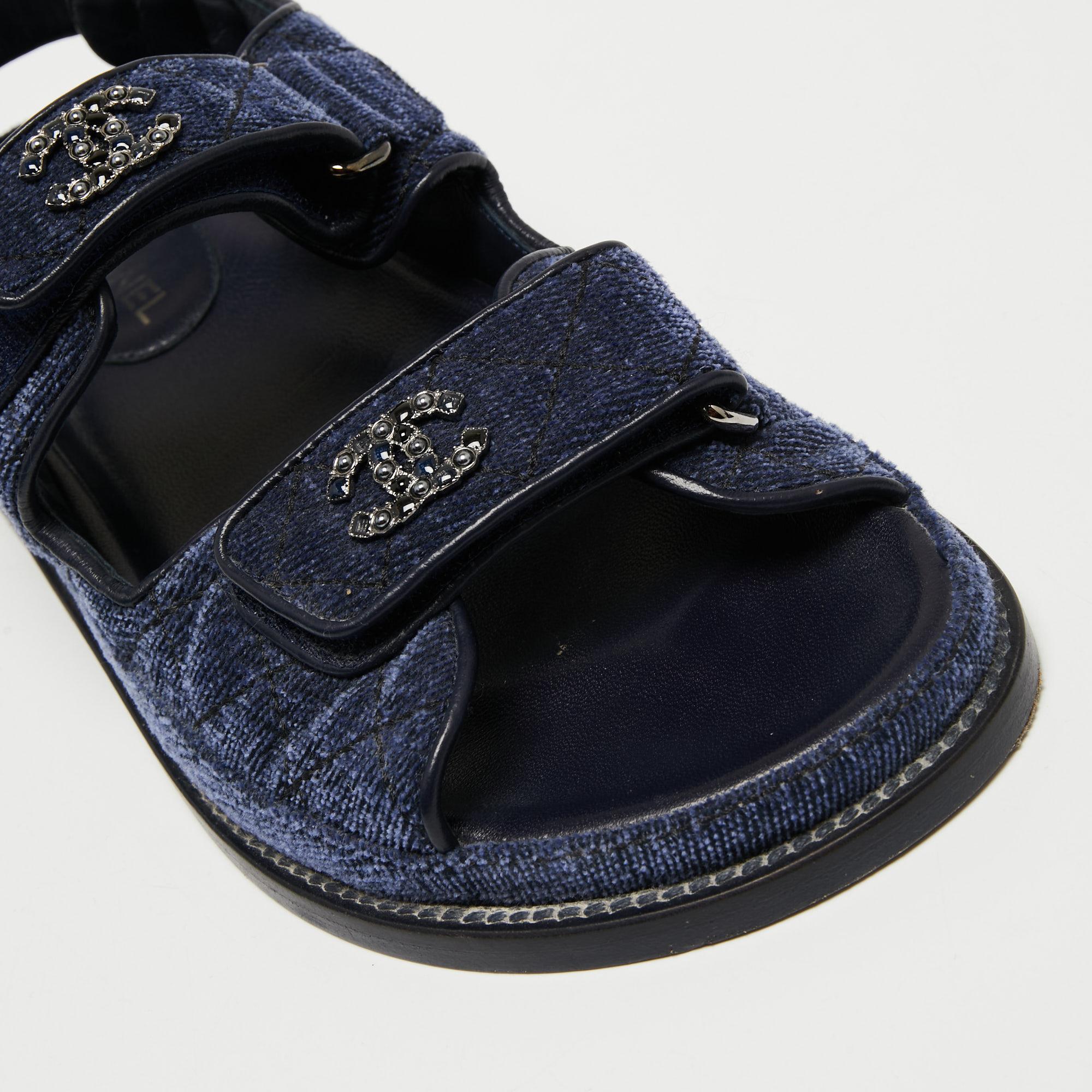 Women's Chanel Navy Blue Denim Dad Slingback Sandals Size 37