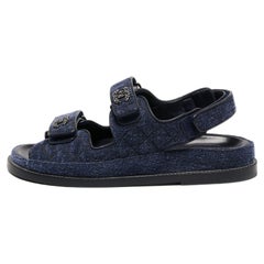 Chanel Navy Blue Denim Dad Slingback Sandals Size 37