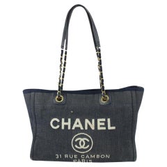 Vintage Chanel Navy Blue Denim Deauville Chain Tote Bag 105c6