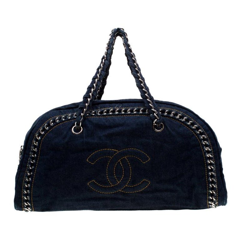 Chanel Navy Blue Denim Large Chain Trim Luxe Ligne Bowler Bag For Sale