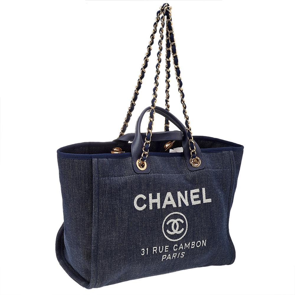 Chanel Navy Blue Denim Large Deauville Shopping Tote 2